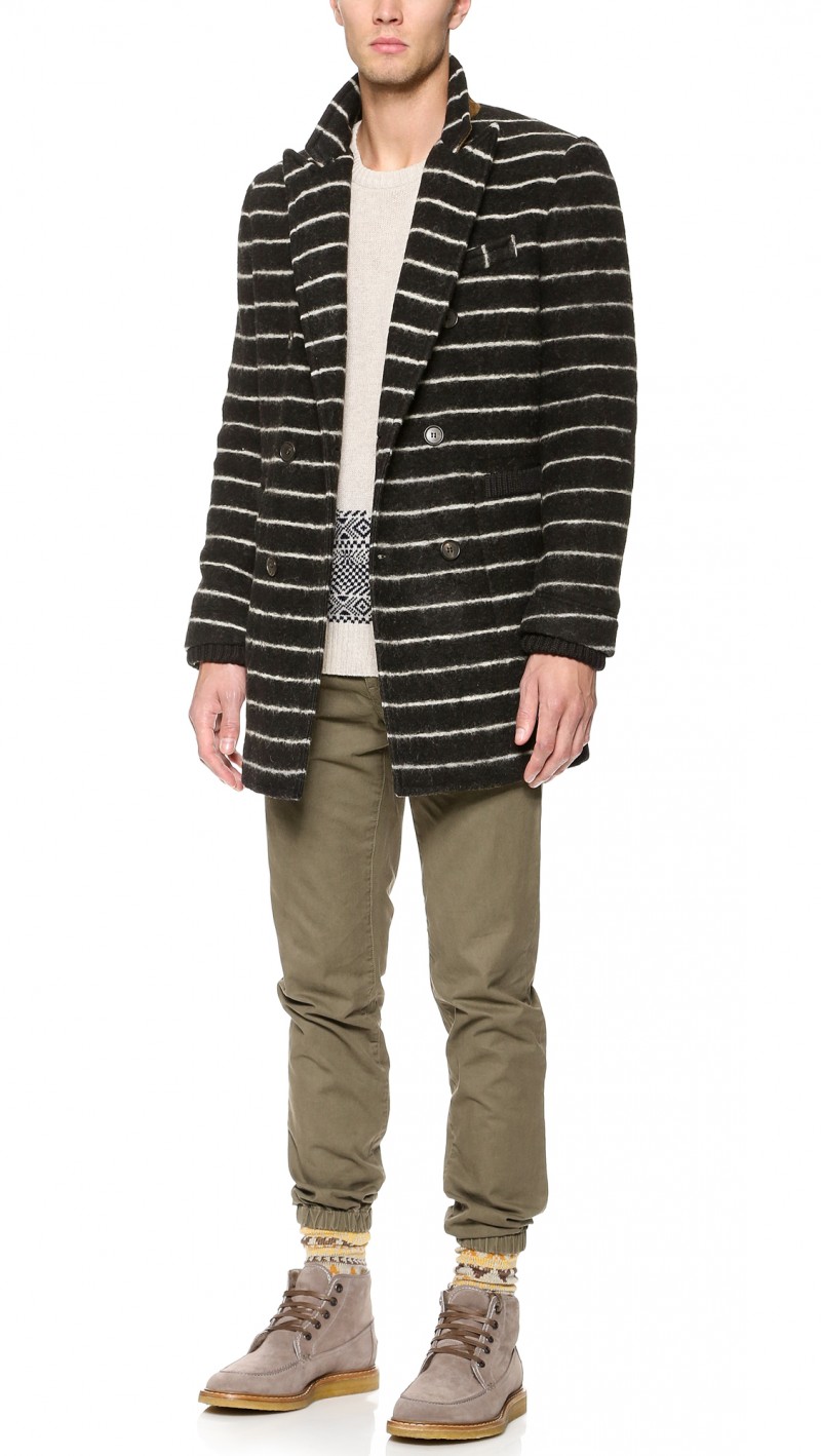 Band of Outsiders Double-Breasted Black and White Stripe Coat