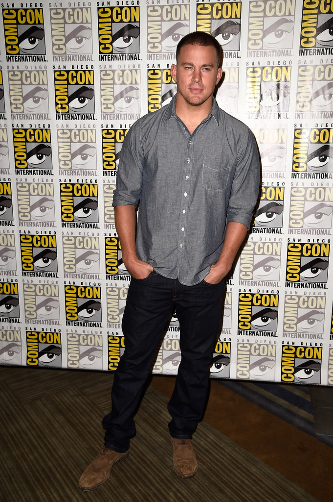 Channing Tatum, known for his no-fuss style wears a gray button-down from Todd Synder.
