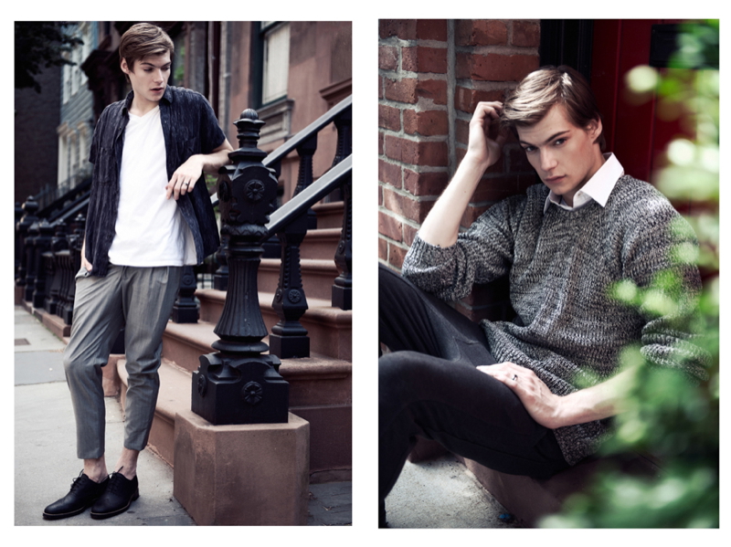 Left: Douglas wears t-shirt H&M, shirt american Apparel and trousers Tomohiro Kobayashi. Right: Douglas wears shirt H&M, sweater ASOS, joggers Zara and shoes stylist’s own.