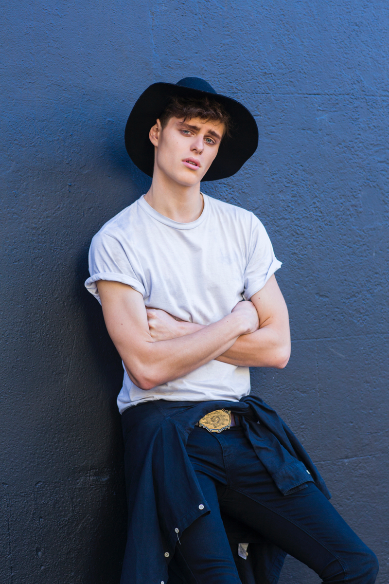 Ethan wears hat Witchery, t-shirt Neuw, vintage belt stylist's own and jeans Dr Denim.