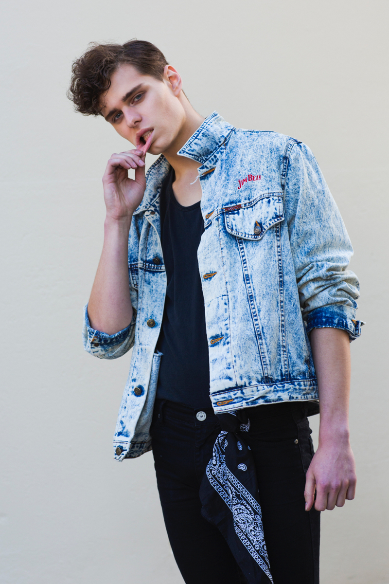 Ethan wears tank Bonds, vintage denim jacket Levi's, jeans Dr Denim and vintage scarf stylist's own.