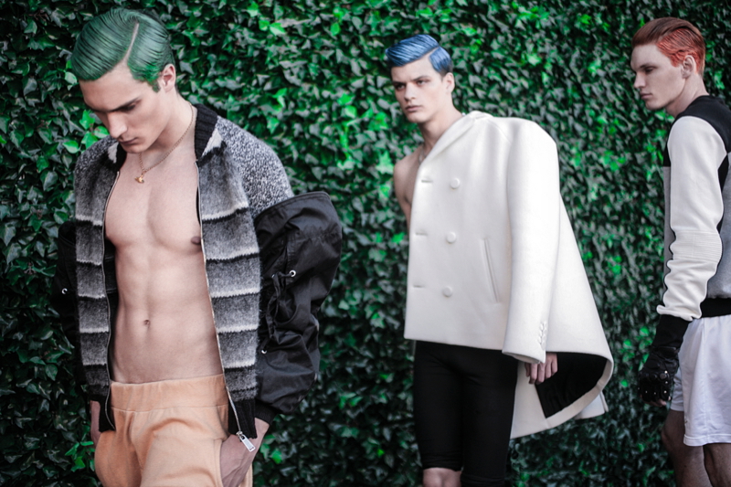 Left to Right: Zoran wears zip sweater Frankie Morello, necklace Vivienne Westwood and shorts Giuliano Fujiwara. Juan wears coat Frankie Morello and leggings American Apparel. Bruno wears sweater Frankie Morello, gloves stylist's own and shorts NIKE.