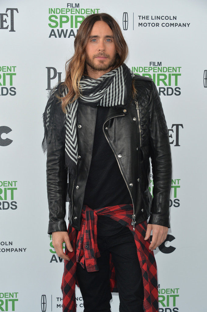 Cool in leather and checks, Jared Leto attends the 2014 Film Independent Spirit Awards this past March.