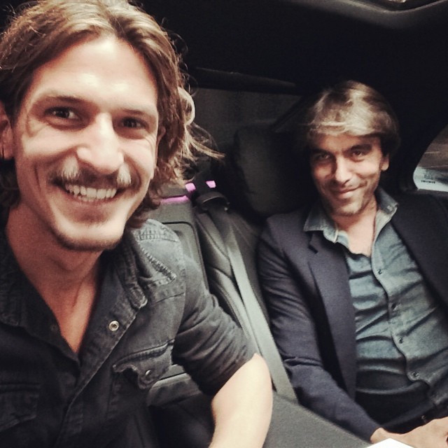 Jarrod Scott shares a ride with Vogue Hommes International editor-in-chief Olivier Lalanne.