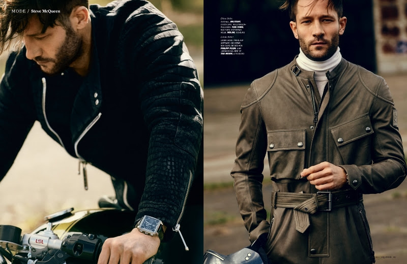 Wearing a leather jumpsuit, John Halls is captured by photographer Nacho Alegre for the pages of GQ Germany.