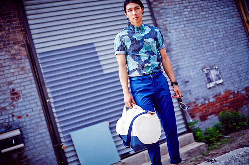 Sejin wears shirt Zanerobe, pants Shades of Grey by Micah Cohen, belt Alter and bag Owen & Fred.