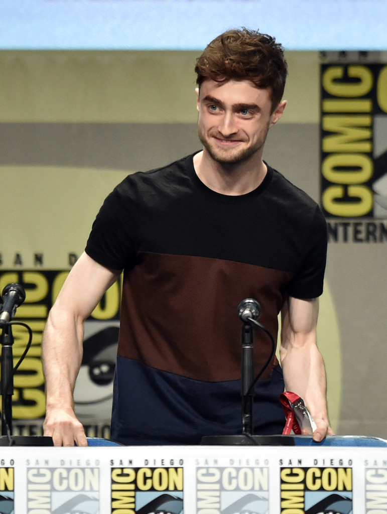 Daniel Radcliffe in a color block t-shirt during Comic-Con 2014, July 25th.