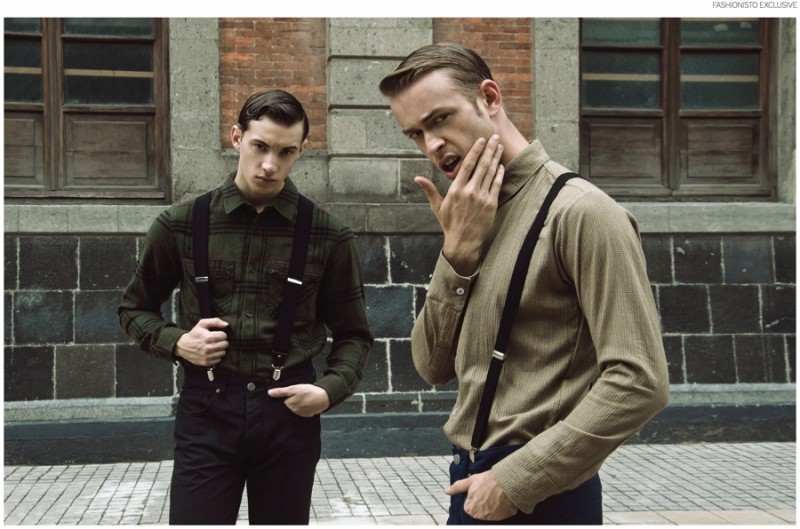 Left: Connor wears braces stylist's own, plaid shirt and black jeans Adidas. Right: Murillo wears shirt Paloma Lira, pants Adidas and braces stylist's own.