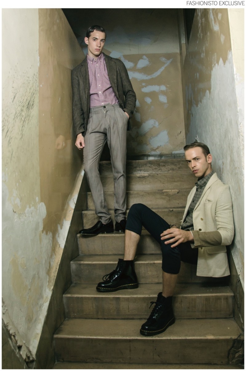 Left: Connor wears blazer and trousers Paloma Lira, shirt H&M and shoes Perry Ellis. Right: Murillo wears shoes Dr Martens, blazer, shirt and pants Paloma Lira.