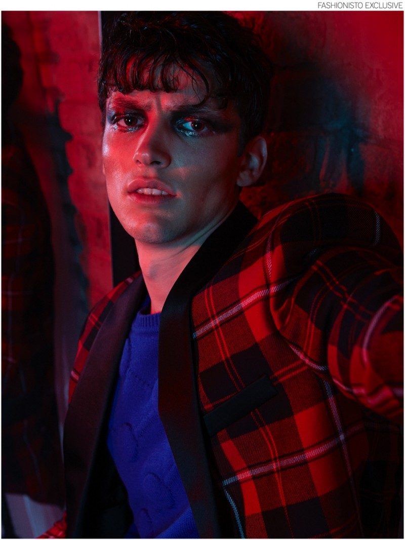 Gianluca wears 3D molecule cashmere sweater CHRISTOPHER KANE and tartan wool gabardine jacket SAINT LAURENT.