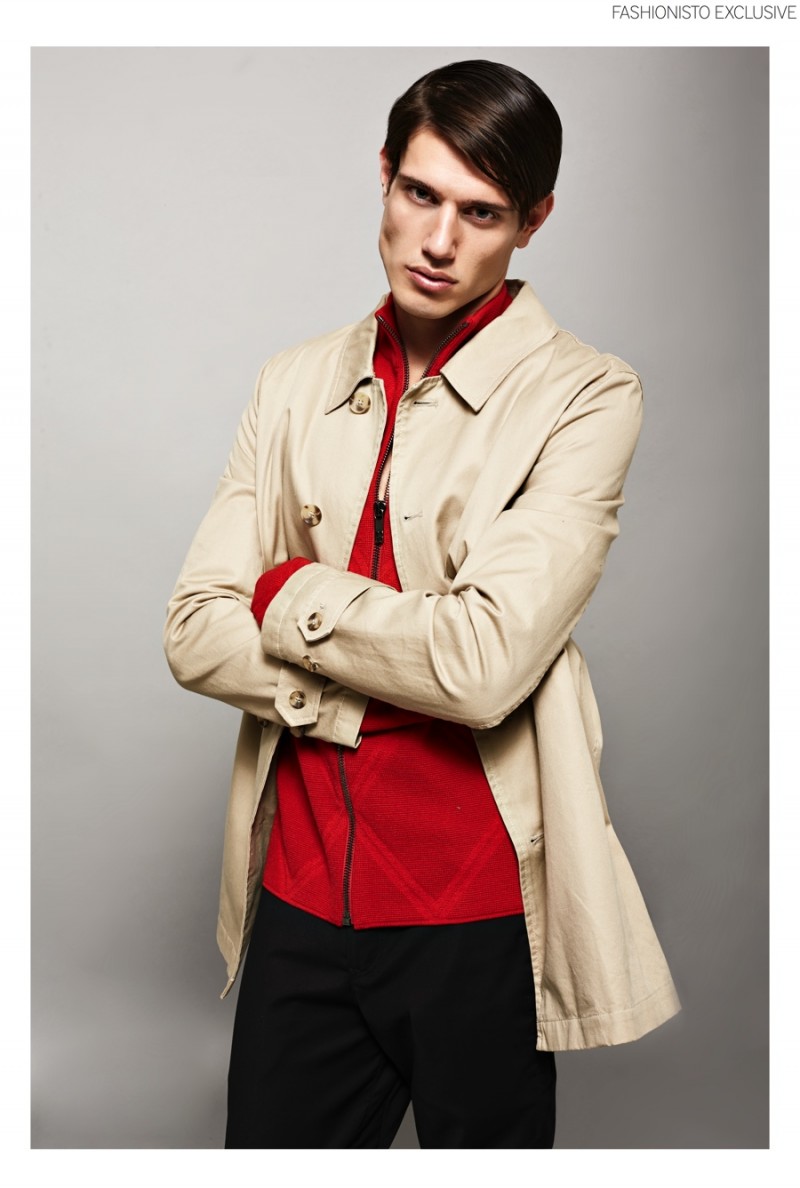 Marco wears coat ASOS, zipped knit jacket and trousers Dirk Bikkembergs.