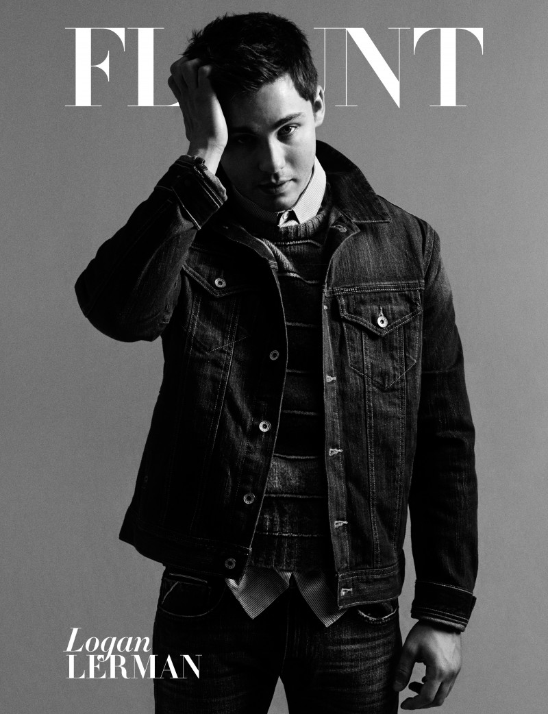 Logan Lerman wears denim jacket Big Star, striped sweater and bracelet Saint Laurent by Hedi Slimane, button-up shirt Dior Homme, washed denim jeans Cult of Individuality and Bracelet M. Cohen. 