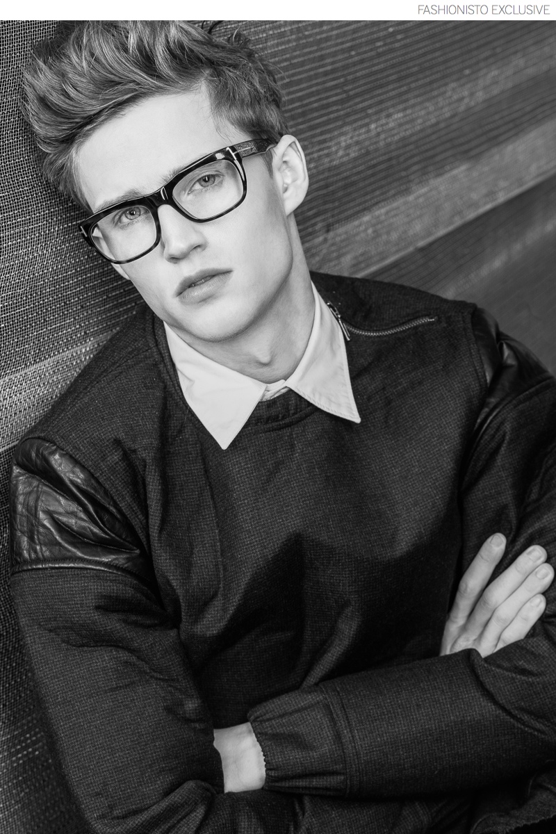 Jules wears shirt and sweater Kenneth Ning and eyeglasses Tom Ford.