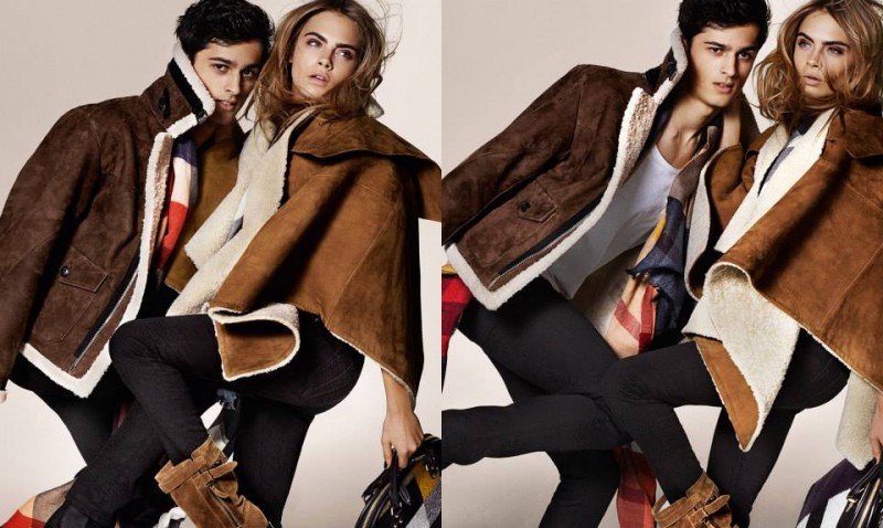 Tarun poses with Cara Delevingne for Burberry's fall/winter 2014 advertising campaign, shot by Mario Testino