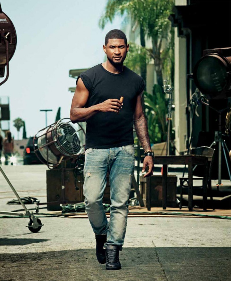 Usher Black T-shirt Jeans Sneakers Cigar Aficionado