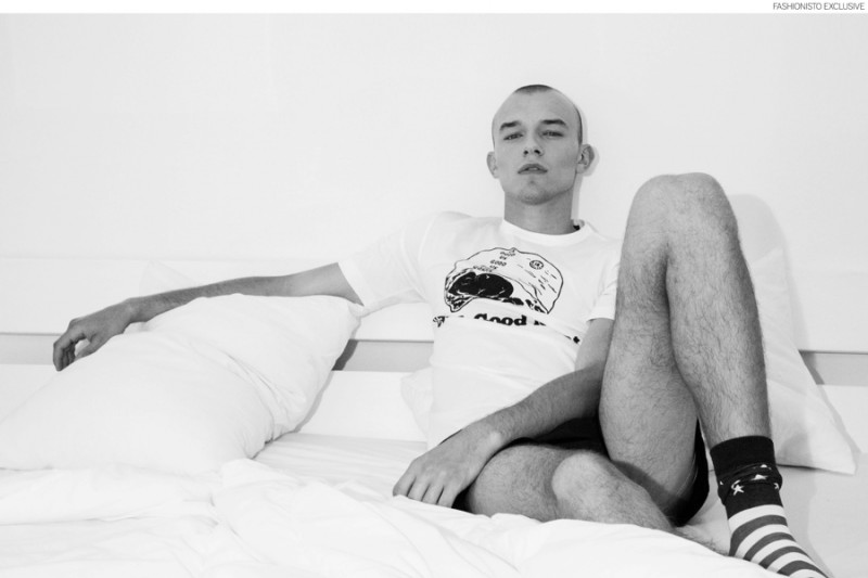 Adam wears t-shirt Junya Watanabe, shorts Neil Barrett and socks American Apparel.