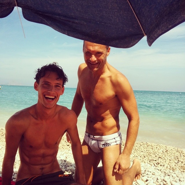 Dzhovani Gospodinov shares a beach moment with his father.