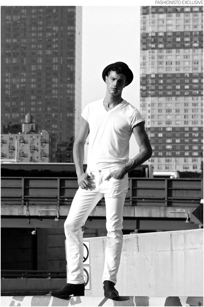 Andy wears hat Phrenology NYC, t-shirt Vince, jeans BLK DNM and boots stylist's own.