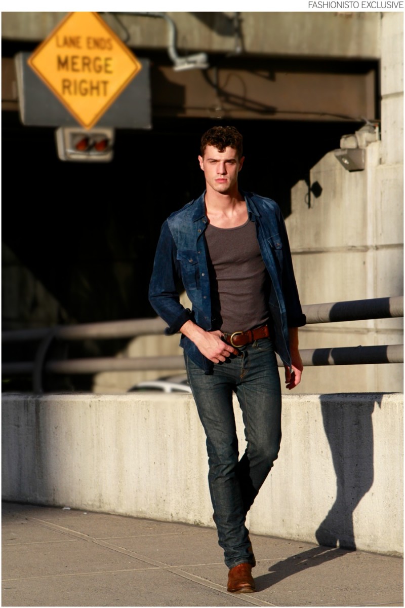 Andy wears tank Vince, jeans Saint Laurent by Hedi Slimane, boots stylist's own, belt and suede shirt Ralph Lauren.