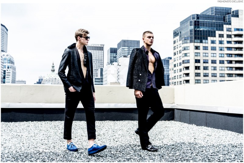 Left to Right: Frederico wears jacket Duckie Brown, pants Marni, vintage fur shawl stylist's own and sunglasses Mykita. Matthew wears jacket American Retro, shirt Costume National, pants Nicholas K and shoes Repetto. 