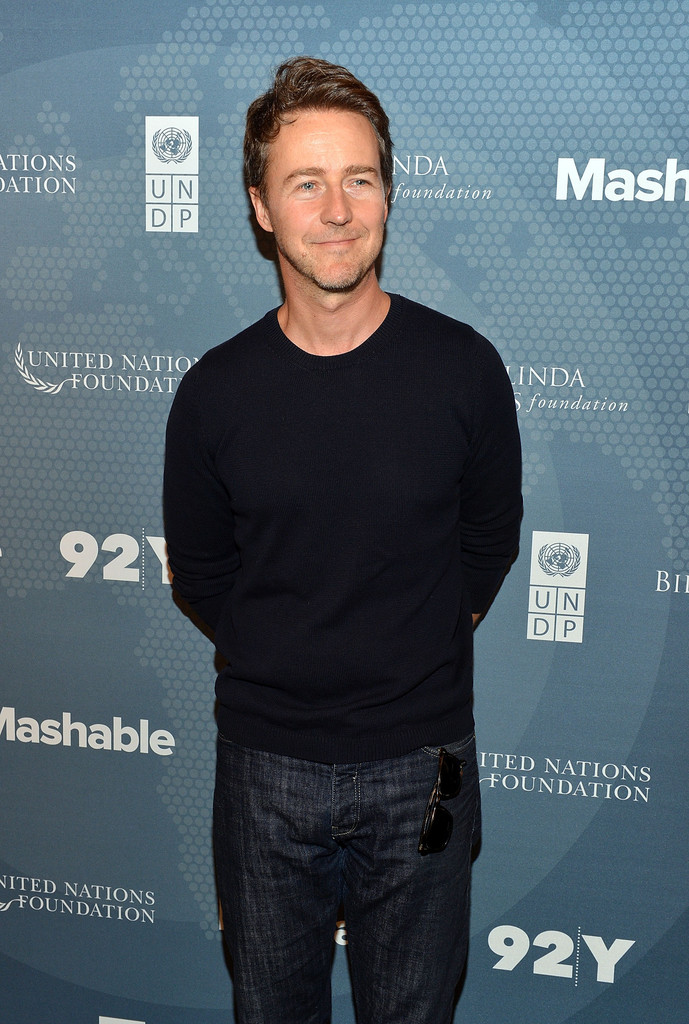 Attending Day 2 of the Social Good Summit on September 22, 2014, actor Edward Norton kept his wardrobe simple, but impeccable. For the event, Norton wore a navy crew neck sweater with selvedge jeans.