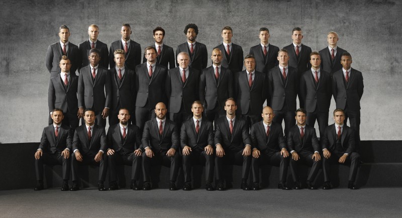 Giorgio Armani Made to Measure outfits German sports club FC Bayern München. The new uniform includes wool and cashmere tailored separates that boast a custom Giorgio Armani label that also has the name of each player.