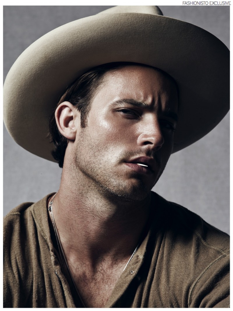 Anthony wears hat Stetson and vintage military henley stylist's own.