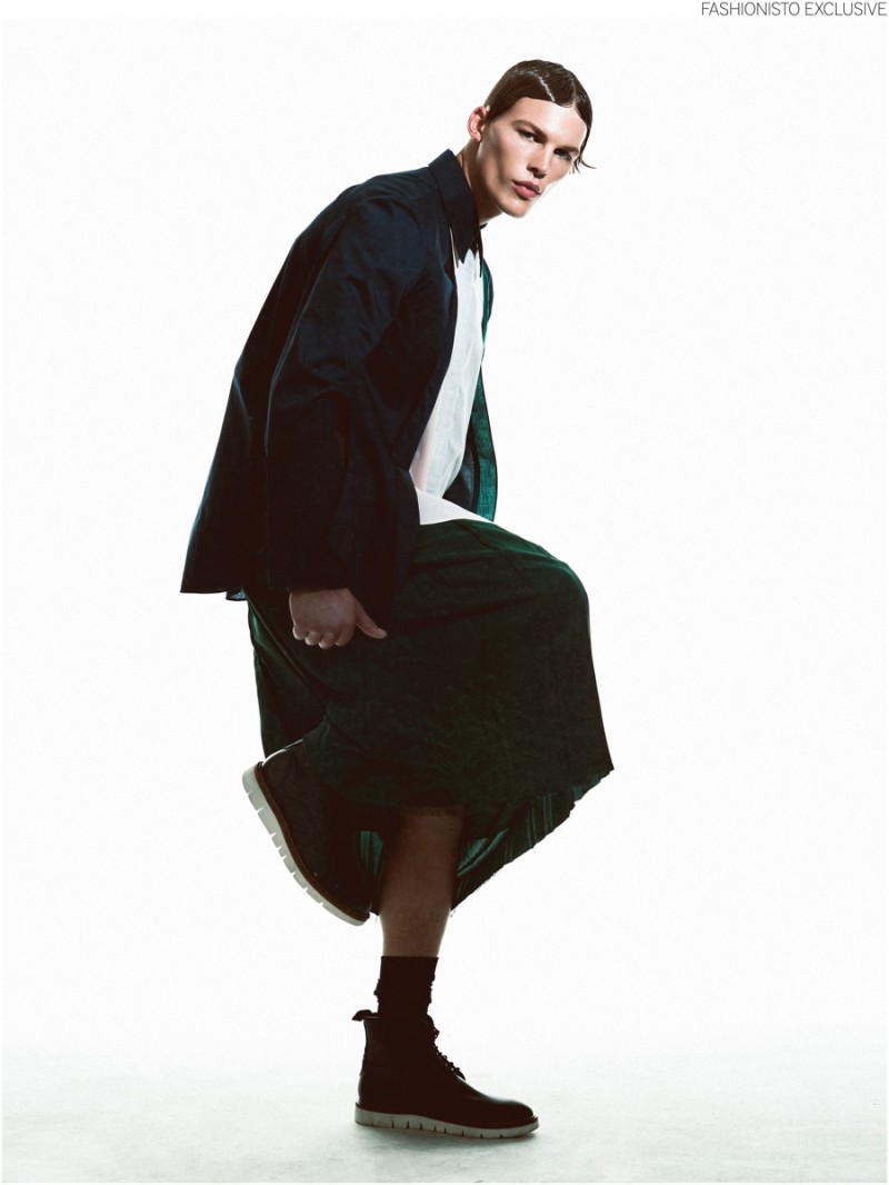 Charlie wears boots Soulland, socks Item M6, shirt and skirt Steven Tai.