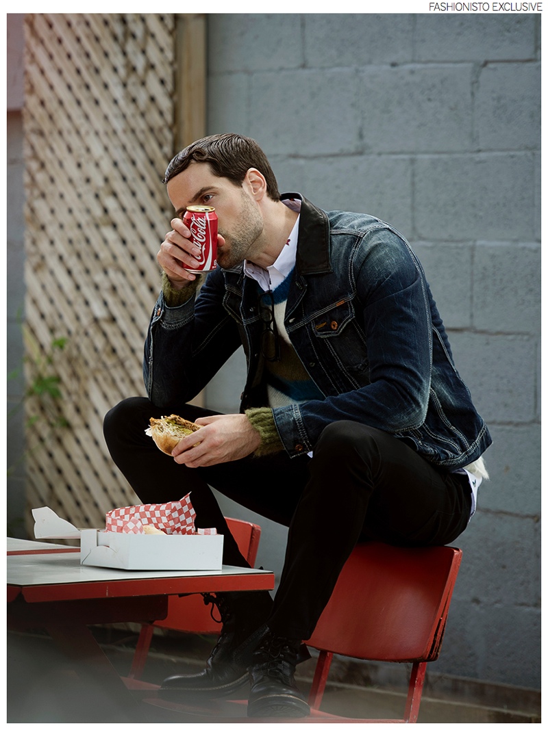 Isaac wears printed shirt Matinique, sweaters and denim jacket Diesel, pants Marni and shoes Dries Van Noten.