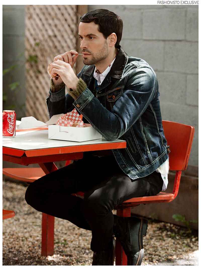 Isaac wears printed shirt Matinique, sweaters and denim jacket Diesel, pants Marni and shoes Dries Van Noten.