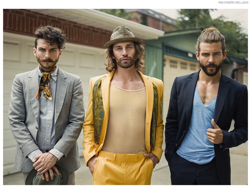 Left to Right: Andrew wears blazer Zara, shirt and pants Joe Fresh, scarf stylist's own and vintage hat Stetson. Josh wears Topman, shirt stylist's own, scarf and vintage hat stylist's own. Taylor wears suit Zara and v-neck shirt American Apparel.