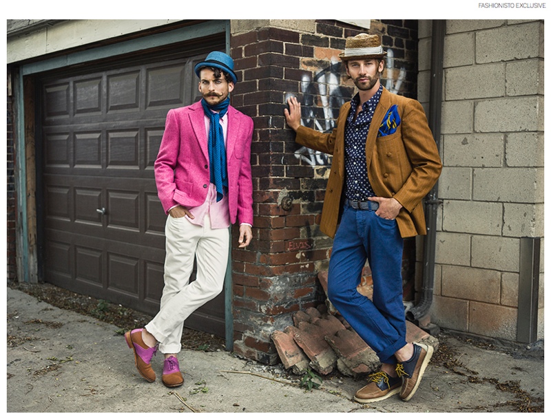 Left to Right: Josh wears pinstripe blazer stylist's own, shirt Joe Fresh, pants H&M, pocket scarf Oscar de la Renta, shoes Sperry Top Siders and hat Zara. Andrew wears shirt and blazer Joe Fresh, pants H&M, shoes Cole Haan, scarf H&M and hat Gap.