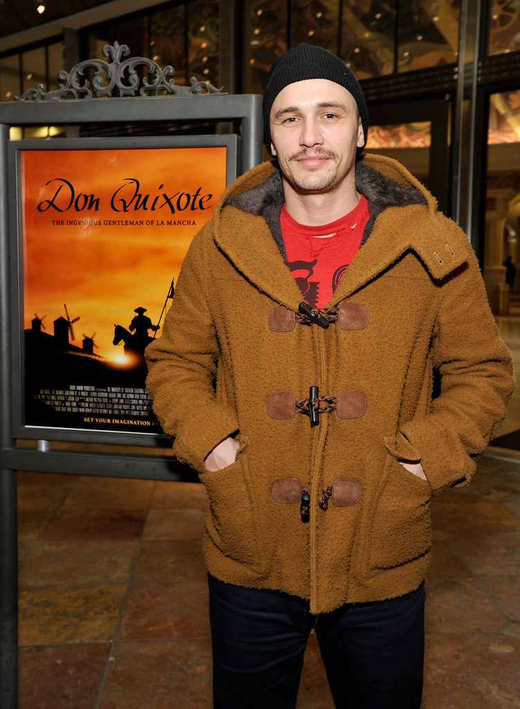 Going for a casual look, executive producer James Franco threw on a beanie, torn graphic t-shirt and a brown duffle coat for the US School of Cinematic Arts screening of 'Don Quixote' at The Americana at Brand on September 26, 2014 in Glendale, California.