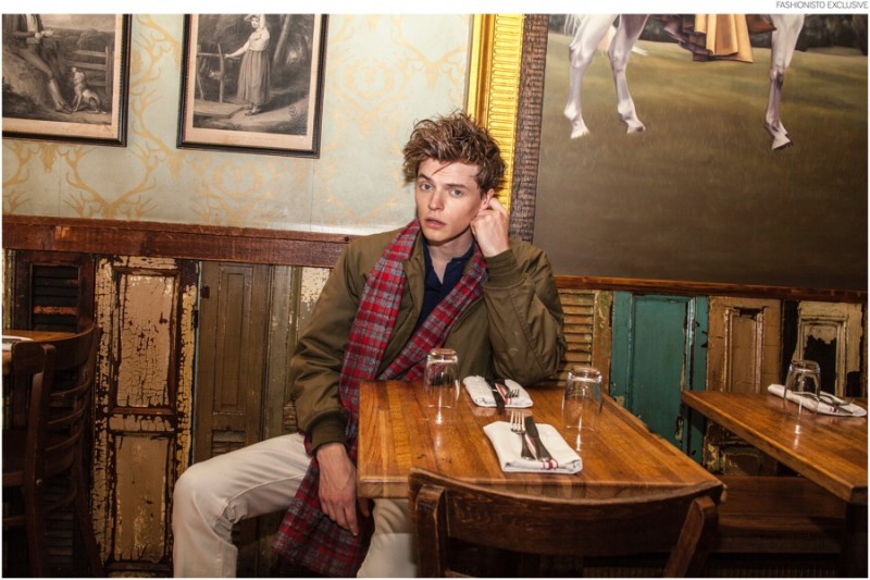 John wears scarf Jacqueline Rousseau, jacket US Army and pants Levi's Made & Crafted.