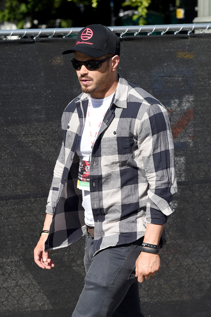 Kellan Lutz Attends Budweiser Made in America Music Festival in Black & White Buffalo Check Shirt