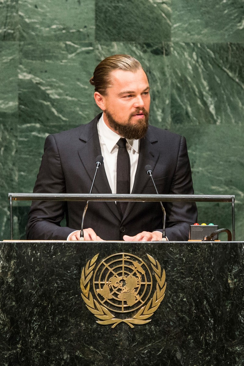 Actor Leonardo DiCaprio was on hand for the United Nations Climate Summit on September 23, 2014. Dressed by Giorgio Armani, DiCaprio delivered a speech, talking about the dangers of today's accelerated climate change and calling for immediate action.