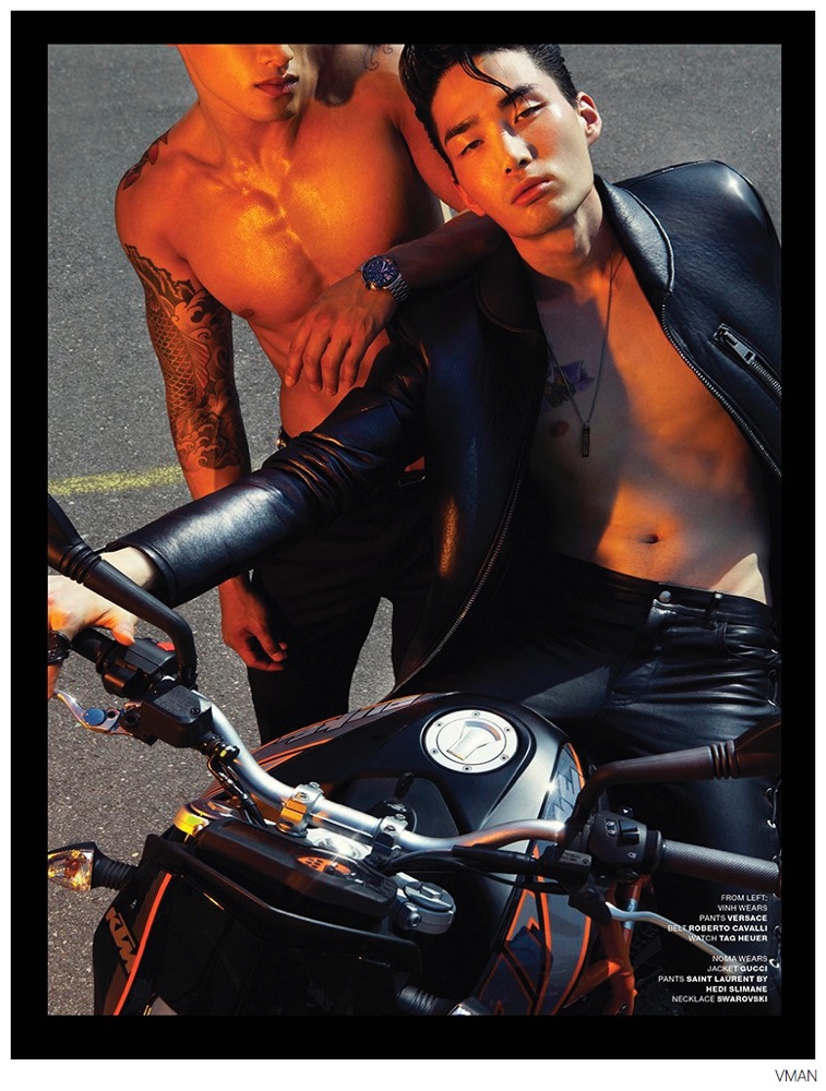 Noma Han connects with photographer Meinke Klein, showing a dangerous moto edge in leather for VMAN.