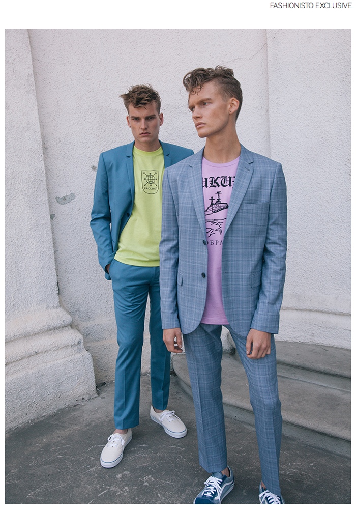 Left: Zak wears suit Topman, short-sleeve shirt Gosha Rubchinskiy and shoes VANS. Right: Cameron wears suit Topman, long-sleeve shirt Gosha Rubchinskiy and shoes VANS.