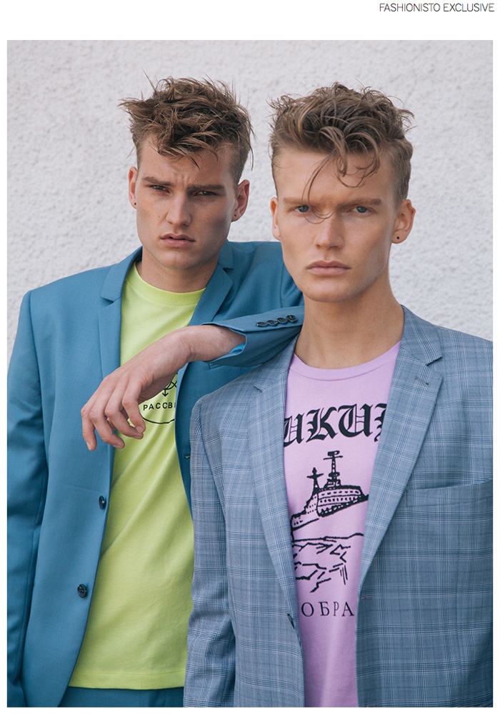 Left: Zak wears suit Topman and short-sleeve shirt Gosha Rubchinskiy. Right: Cameron wears suit Topman and long-sleeve shirt Gosha Rubchinskiy.