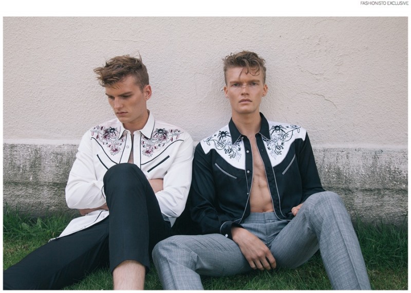 Left: Zak wears trousers Acne and silk western top Topman Design. Right: Cameron wears trousers Topman and silk western top Topman Design.