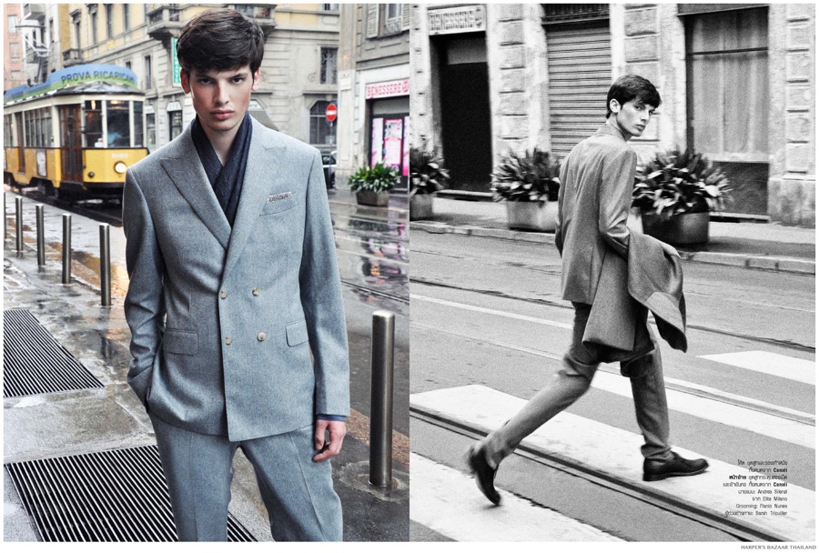 Milano: Andrea Silenzi Dons Canali Fall 2014 for Harper’s Bazaar Thailand