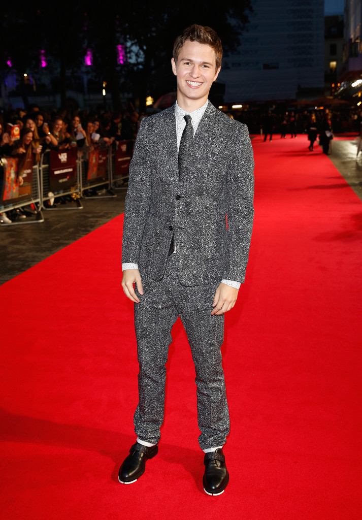 Attending the October 9th premiere of 'Men, Women & Children' during the London Film Festival, actor Ansel Elgort hit the red carpet in a look from Dior Homme. All smiles, Elgort wore a graphic print black cotton gabardine two-button jacket with matching trousers and a coordinate white print dress shirt. His look was finished with black calfskin derbies featuring white soles.