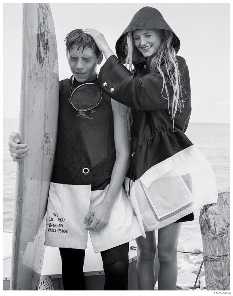 Brooklyn Beckham models vest Balenciaga and wet suit O'Neill.