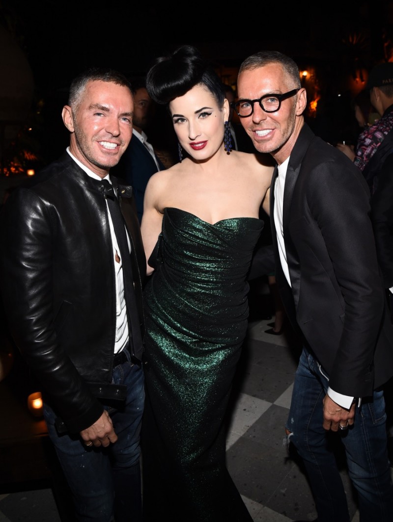 Dan and Dean Caten pose with Burlesque icon Dita Von Teese