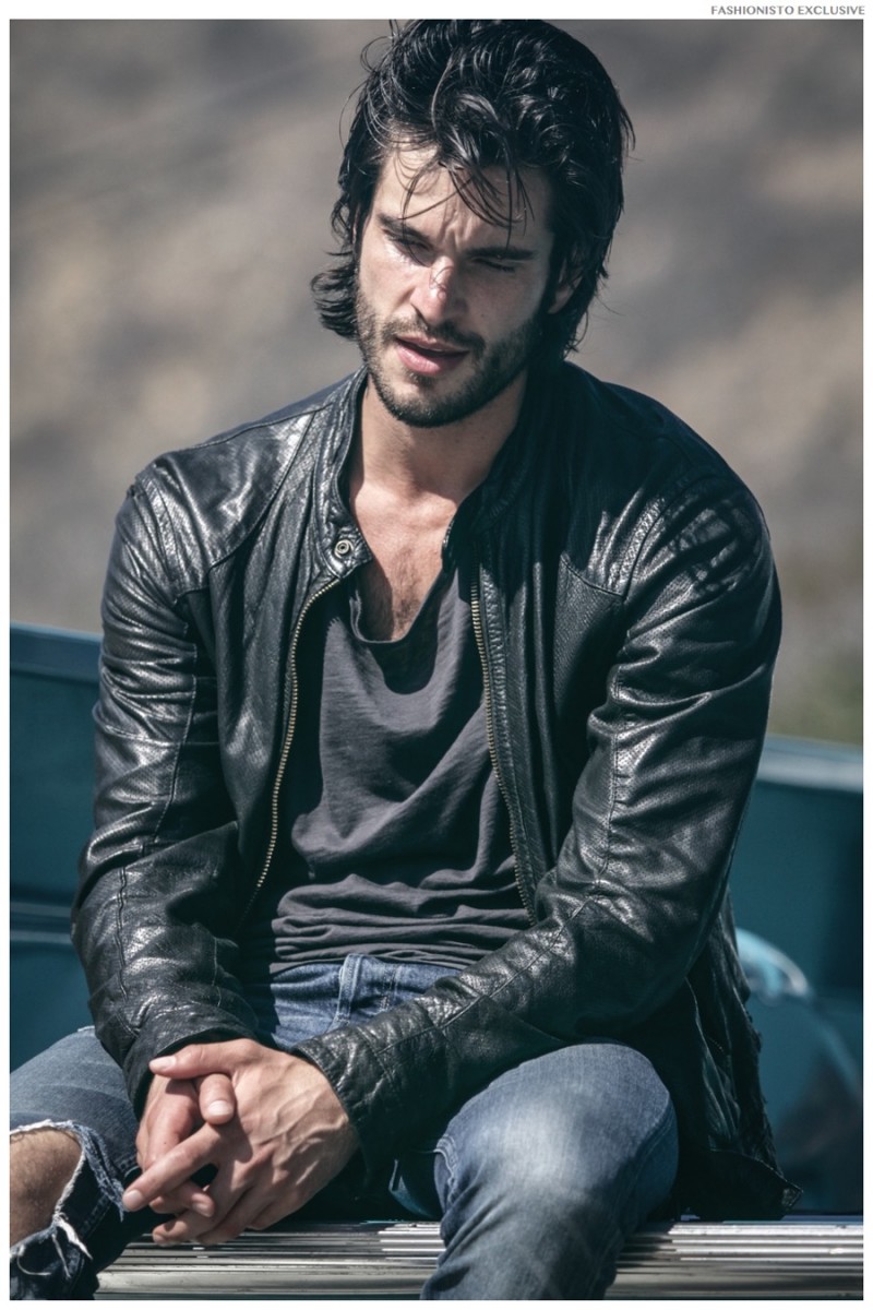 Daniel wears leather jacket Armani Jeans, shirt and jeans AllSaints.