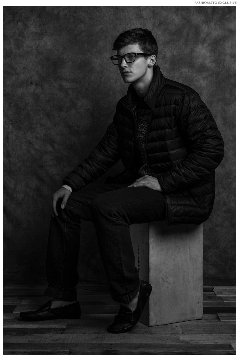 Ben wears sweater Victorinox, jeans Eddie Bauer, jacket Hawke & co, shoes Lacoste, eyewear Salvatore Ferragamo and watch Miansai.