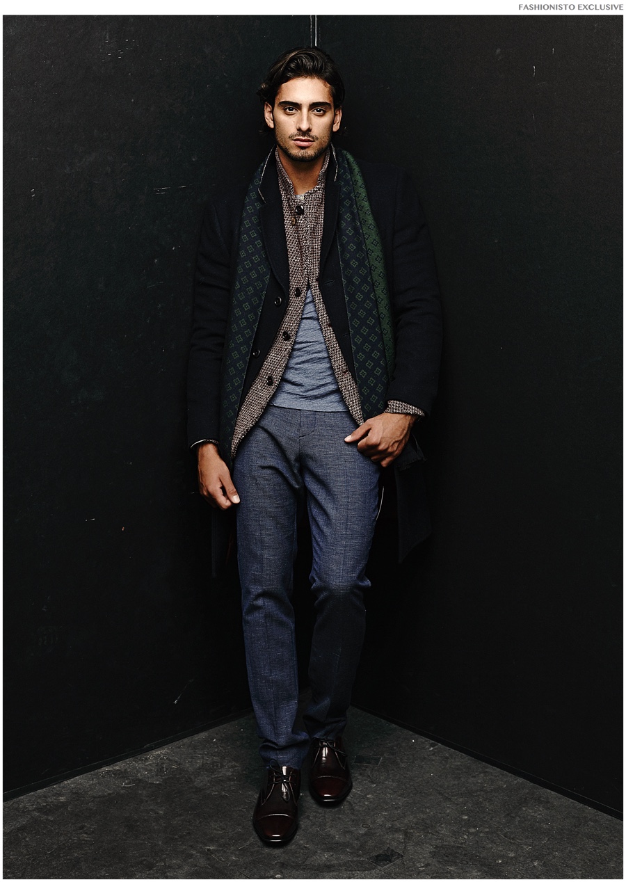 Christian wears top model's own, pants and scarf H&M, shoes Topman, blazer and jacket  Oliver Spencer.