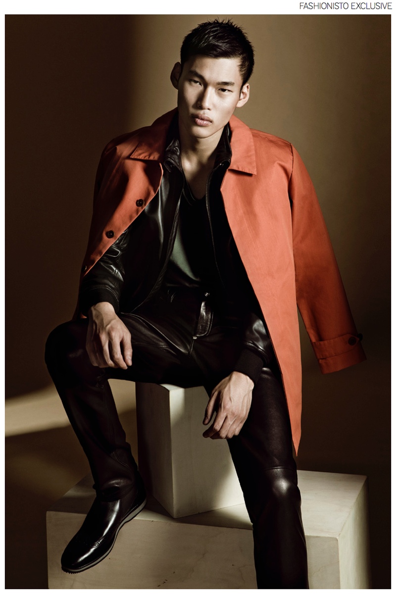 Chun wears orange trench coat GANT, jacket Just Cavalli, t-shirt Pierre Balmain, leather trousers Philipp Plein and boots Lotusse.