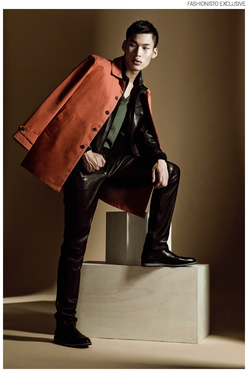 Chun wears orange trench coat GANT, jacket Just Cavalli, t-shirt Pierre Balmain, leather trousers Philipp Plein and boots Lotusse.