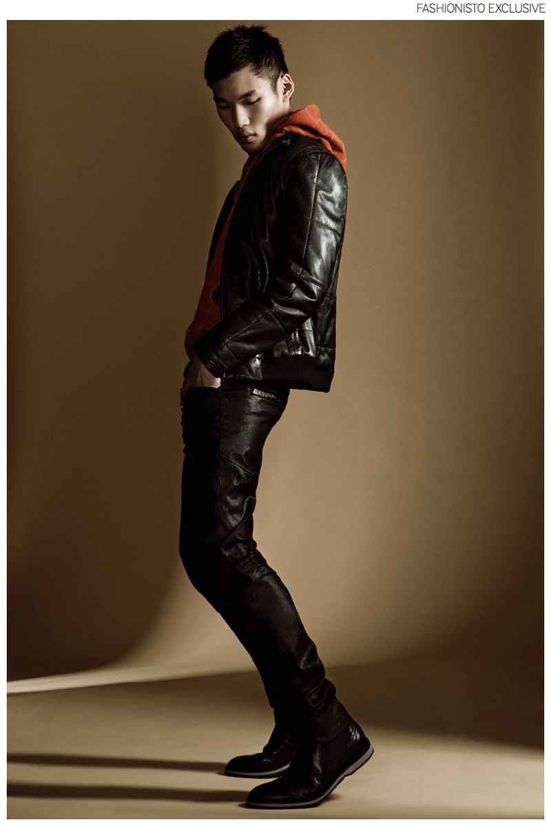 Chun wears leather jacket Hugo Boss, hooded sweater Stone Island, trousers Sisley and boots Lotusse.